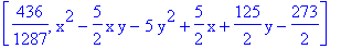 [436/1287, x^2-5/2*x*y-5*y^2+5/2*x+125/2*y-273/2]